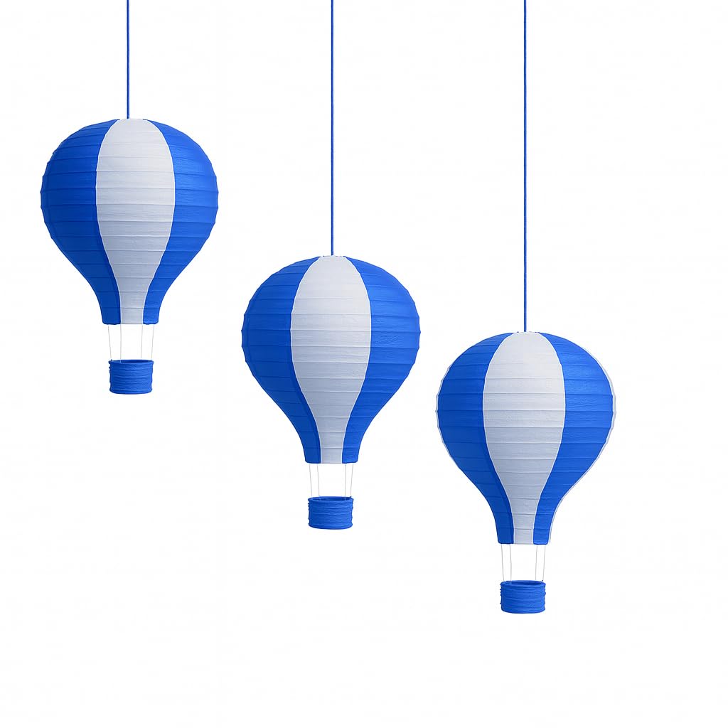 Pack Of 3 Stripy Hot Air Balloon Paper Lantern Wedding Party Decoration Craft Lamp Shade (Blue, 10'' (25Cm))