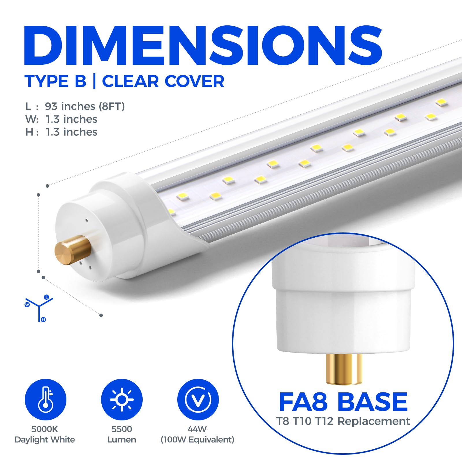 Barrina 8 FT LED Tube Lights, 44W 5500lm, Daylight White 5000K, Aluminium and PC, 12 Pack, Model INWT804022600Dc