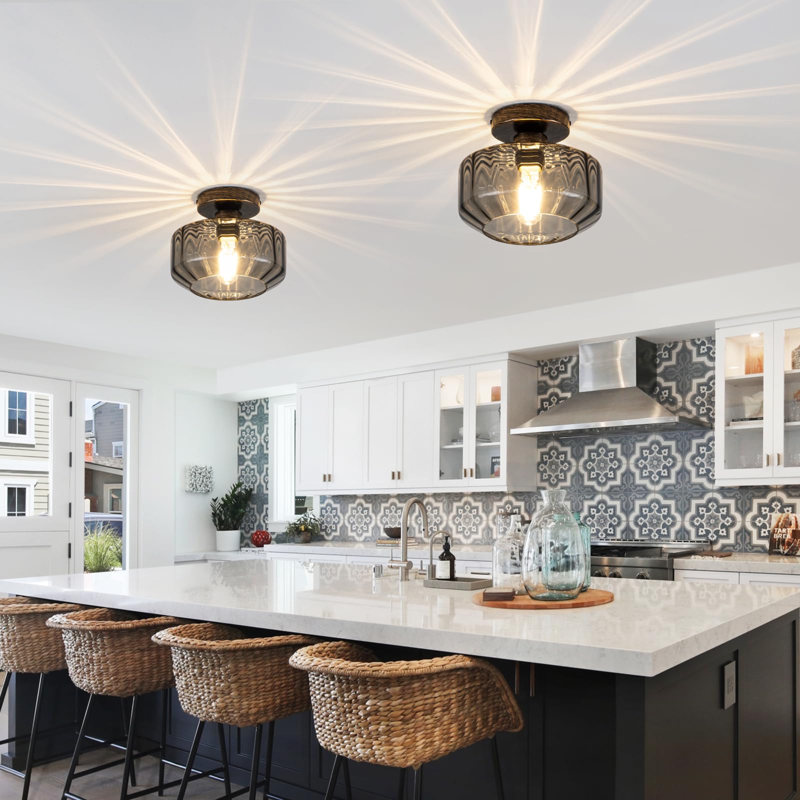 Tbaoinla Smoked Glass Flush Mount Ceiling Light With 1200Lm Led - Black Champagne Gold 8.66 Damp Rated Fixture For Bathroom Kitchen Hallway Modern Lighting