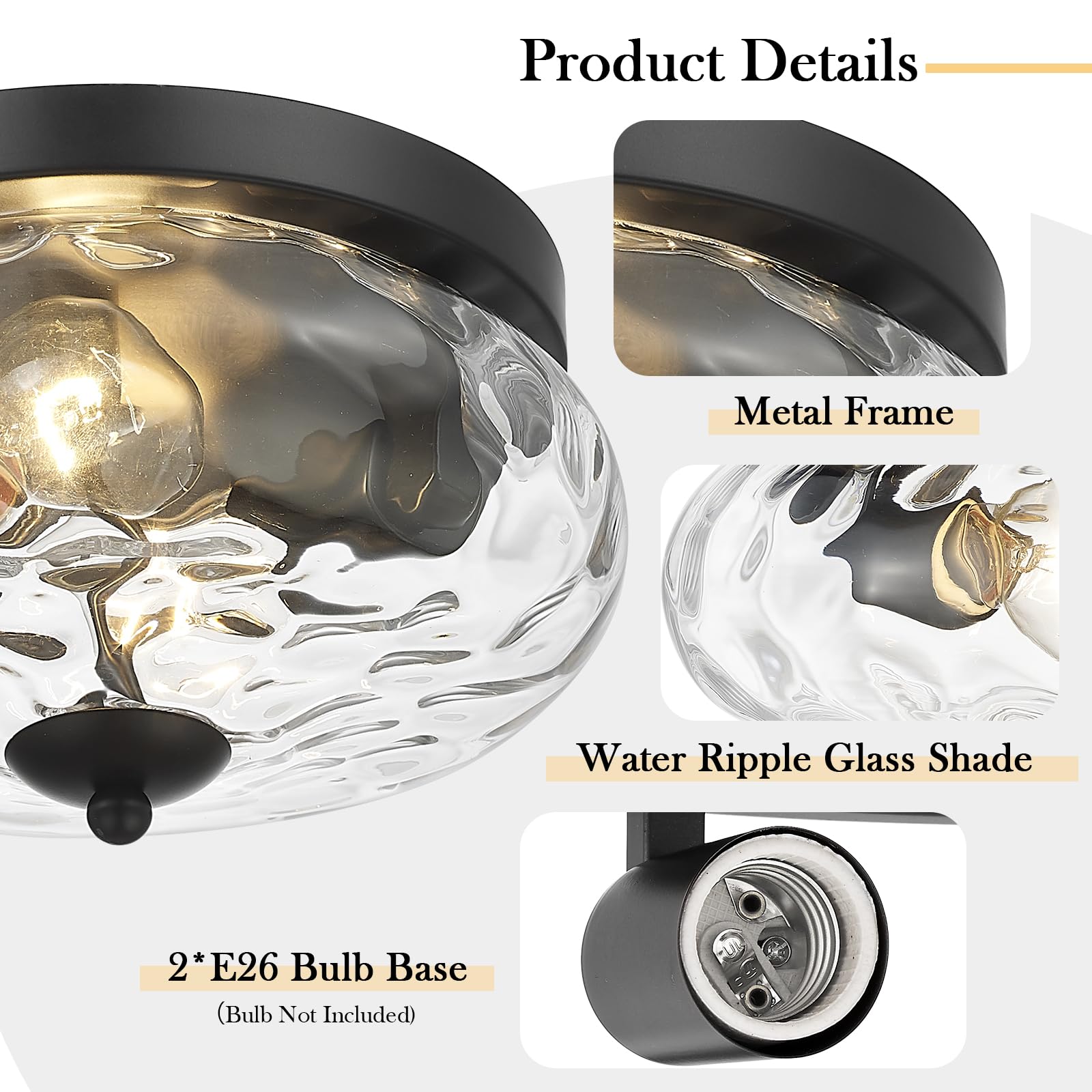 Darkaway Flush Mount Ceiling Light Fixture, Water Ripple Glass Shade, 11 inch, Metal, Black Finish, Model 6T1F, Indoor/Outdoor Use