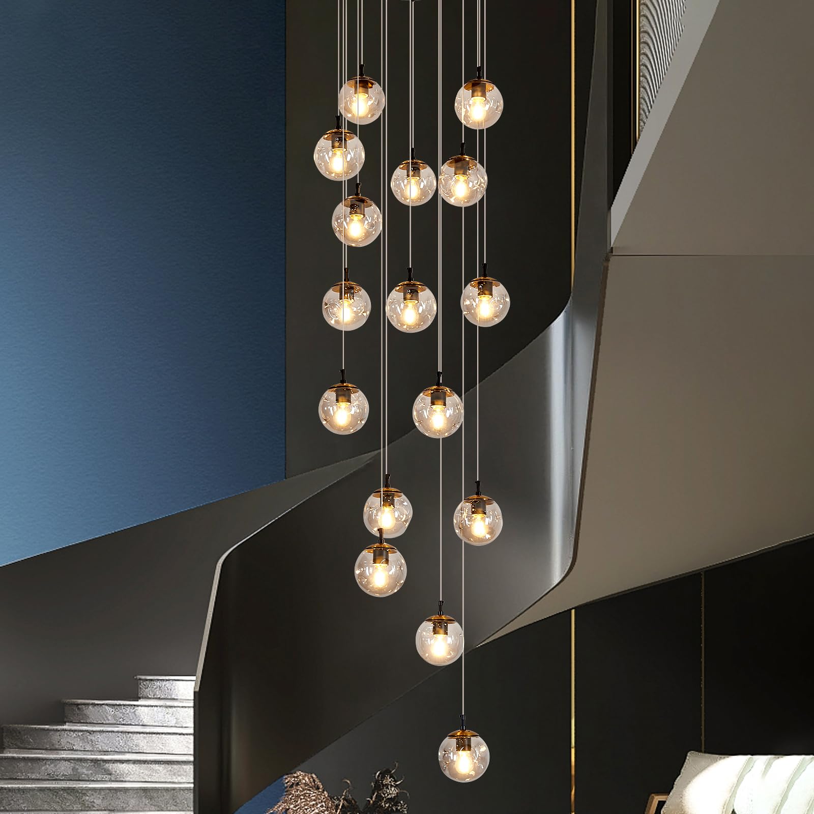 Szxykeji 16-Light Mid Century Glass Globe Chandelier For High Ceilings - Led Pendant Light Fixture