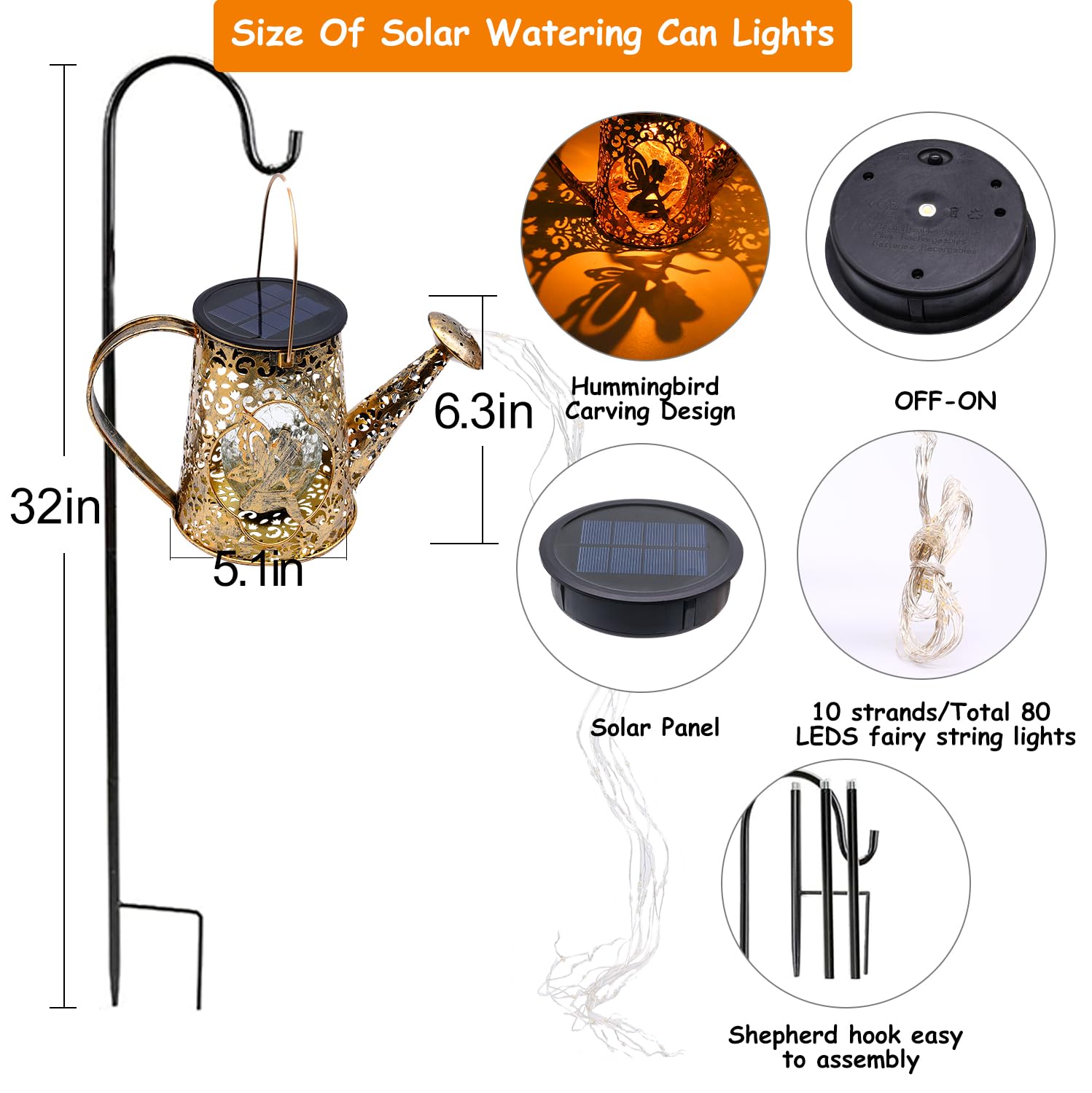 YJFWAL Solar Watering Can Lights, Waterproof Metal Fairy Lantern, Warm White, Fairy-1pack, Model YJ-01 for Outdoor Garden Decor