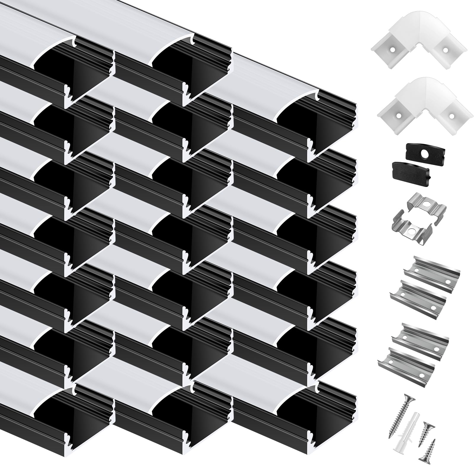 20-Pack 3.3ft/1Meter U Shape Black LED Aluminum Channel System with Milky Cover, End Caps and Mounting Clips, Aluminum Channel P
