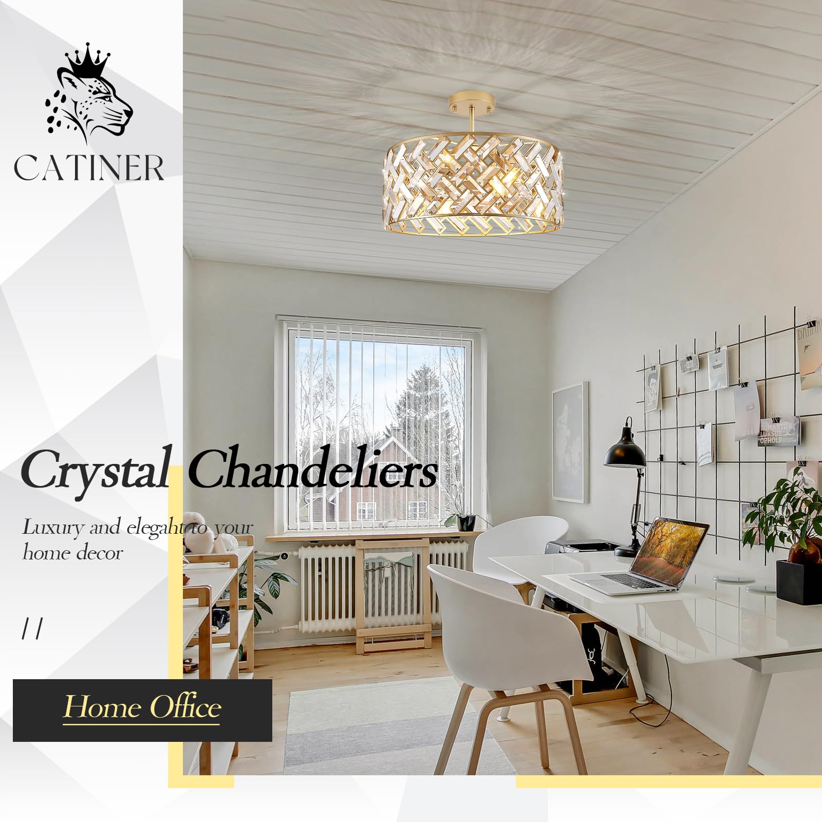 Catiner Gold Crystal Chandelier Modern 18" Round Semi Flush Mount Ceiling Light For Dining Living Room Bedroom & Foyer - Large Round Pendant Fixture