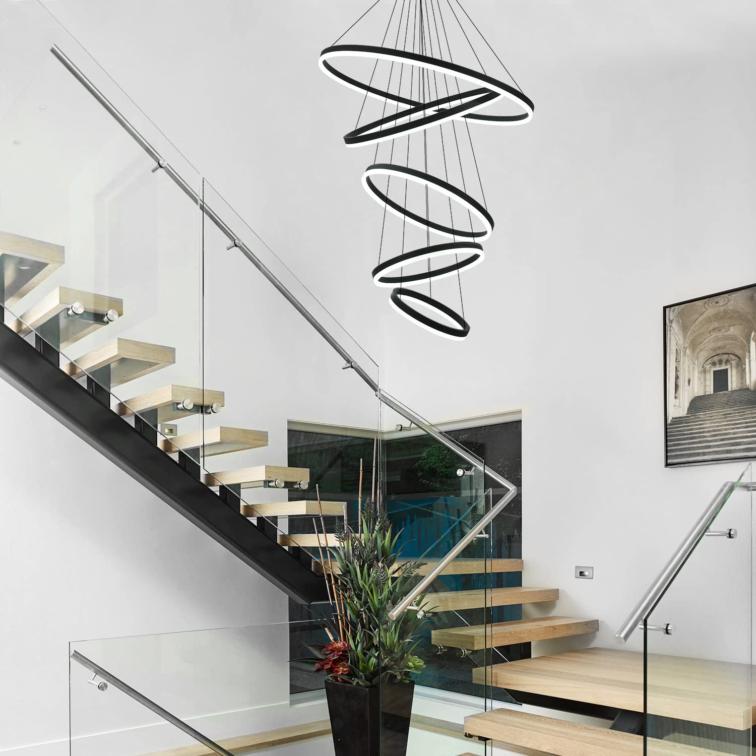 XGZL · LIGHTING Modern LED Chandelier, 5-Rings, Dimmable, Black, 31.5”, Remote Control, Ideal for Dining Room, Foyer, Living Room