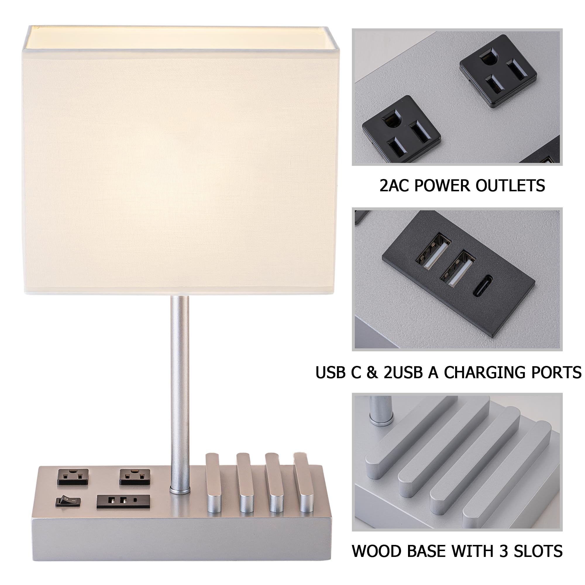 Dreamholder Bedside Table Lamp with 3 USB Ports, 2 AC Outlets, Silver Wood Base