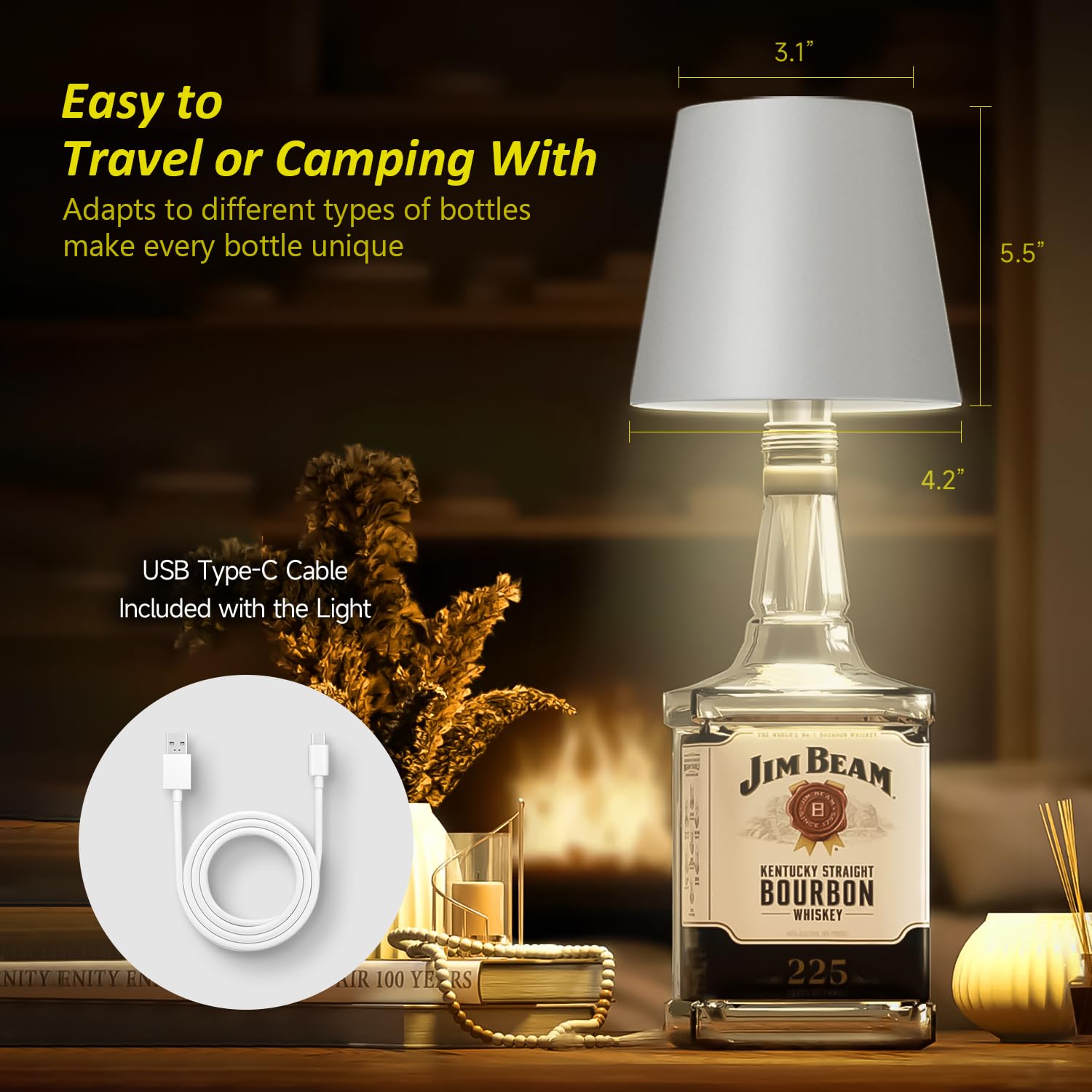 Hoide Wireless Bottle Lamp, Touch Dimming, 5.7in Gray Plastic, Waterproof Table Lamp for Bedroom, Bar, Restaurants, Outdoor Use