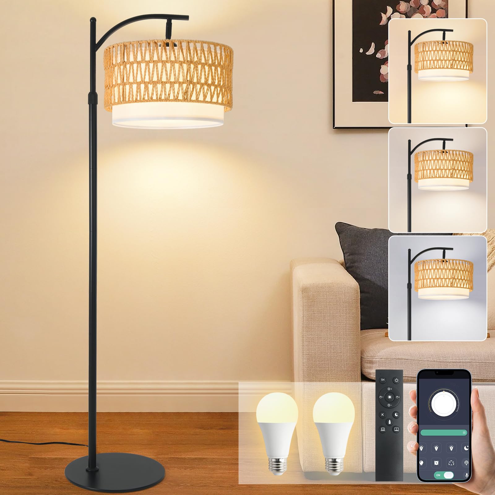 DRAWNCAT Bohemian Rattan Floor Lamp for Living Room - Black Arc Design  12W LED (1 in use + 1 Spare)  Remote & Dimmable 3 - Color Temp  Tall Standing Lamp