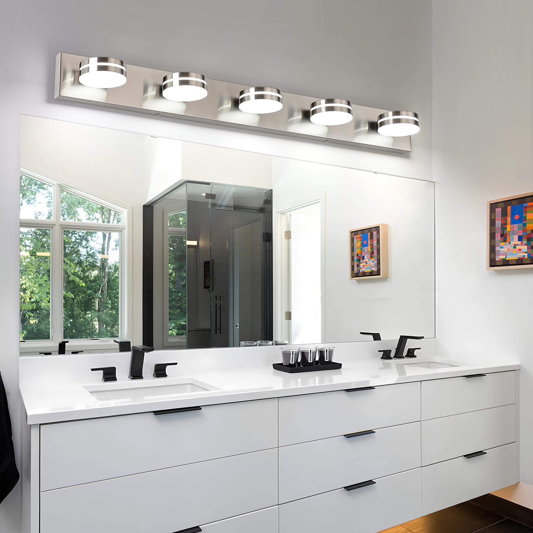 Bicrink Brushed Nickel Bathroom Light Fixtures Over Mirror  5-Light Bathroom Vanity Light  Led Dimmable Bath Lights  Modern Wall Mounted Lighting Fixture With Rotating Lamp Head