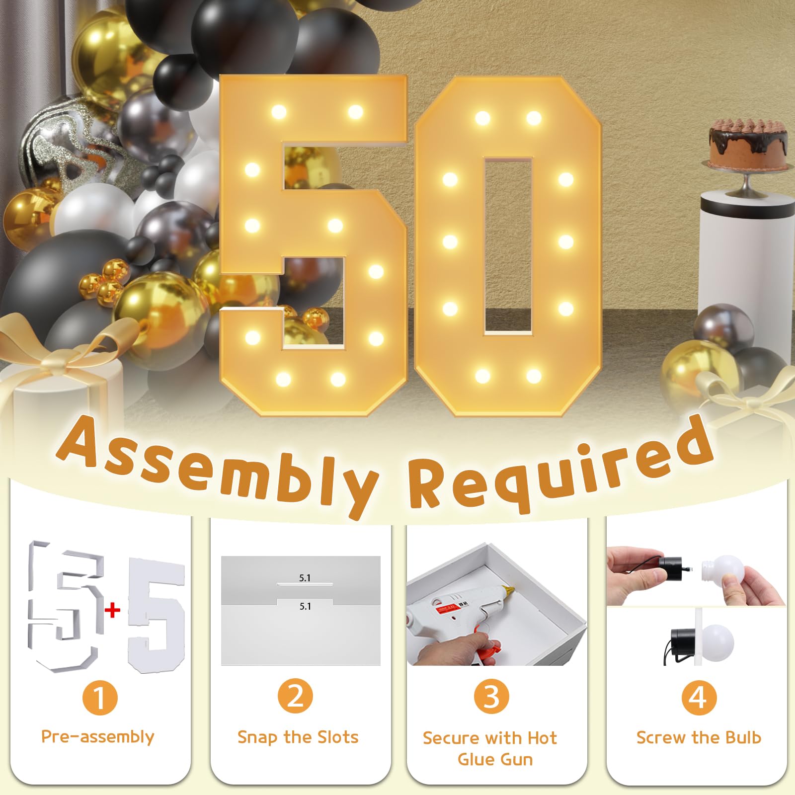 imprsv 4FT Light Up Numbers - Marquee Foam Board 50th Birthday Decorations for Men & Women, Anniversary Party Arch Kit
