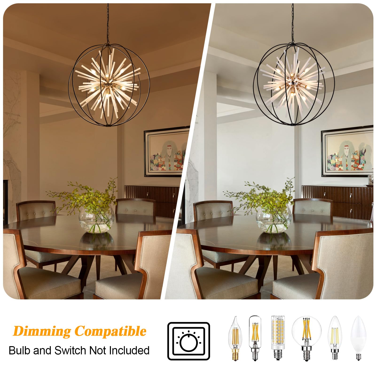 TACDANDM 31.5" Black Gold 16-Light Globe Sputnik Chandelier, Metal, Adjustable Ceiling Pendant Light for Entryway, Dining, Living Room