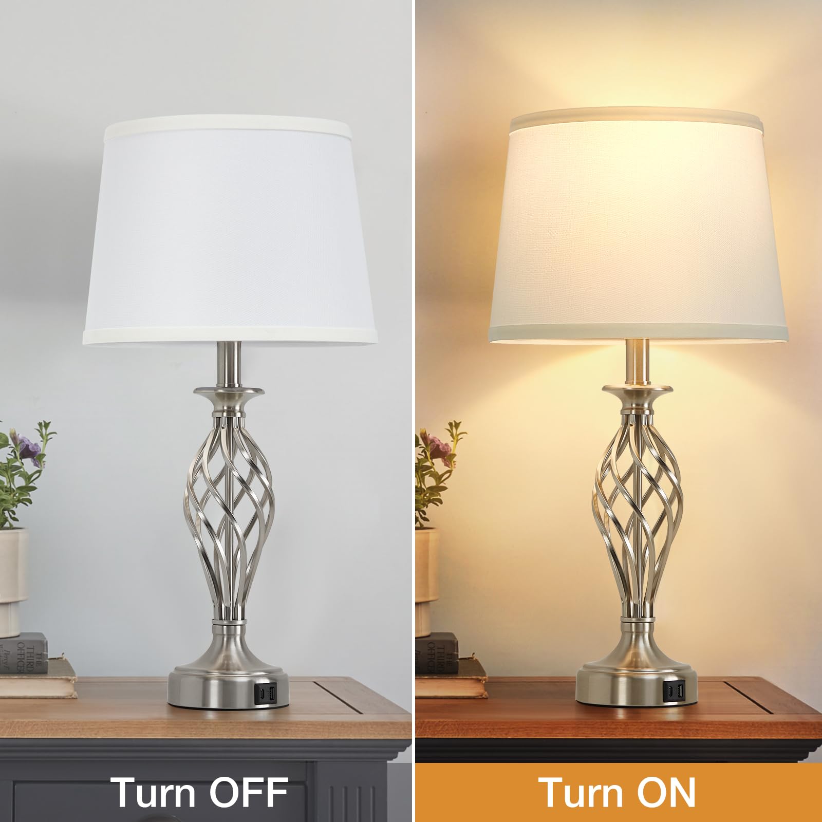 EJIAXIN Modern Table Lamp Set of 2 with USB Ports, Silver Base, White Shade, Includes 2 LED Bulbs, Model 108