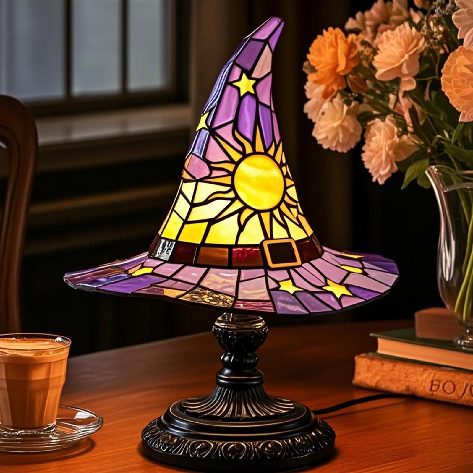 Quzimo Witch Hat Lamp, Handmade Gothic Stained Resin Night Light For Bedroom, Halloween Party Decor, Mystical Wizard Hat Shape F