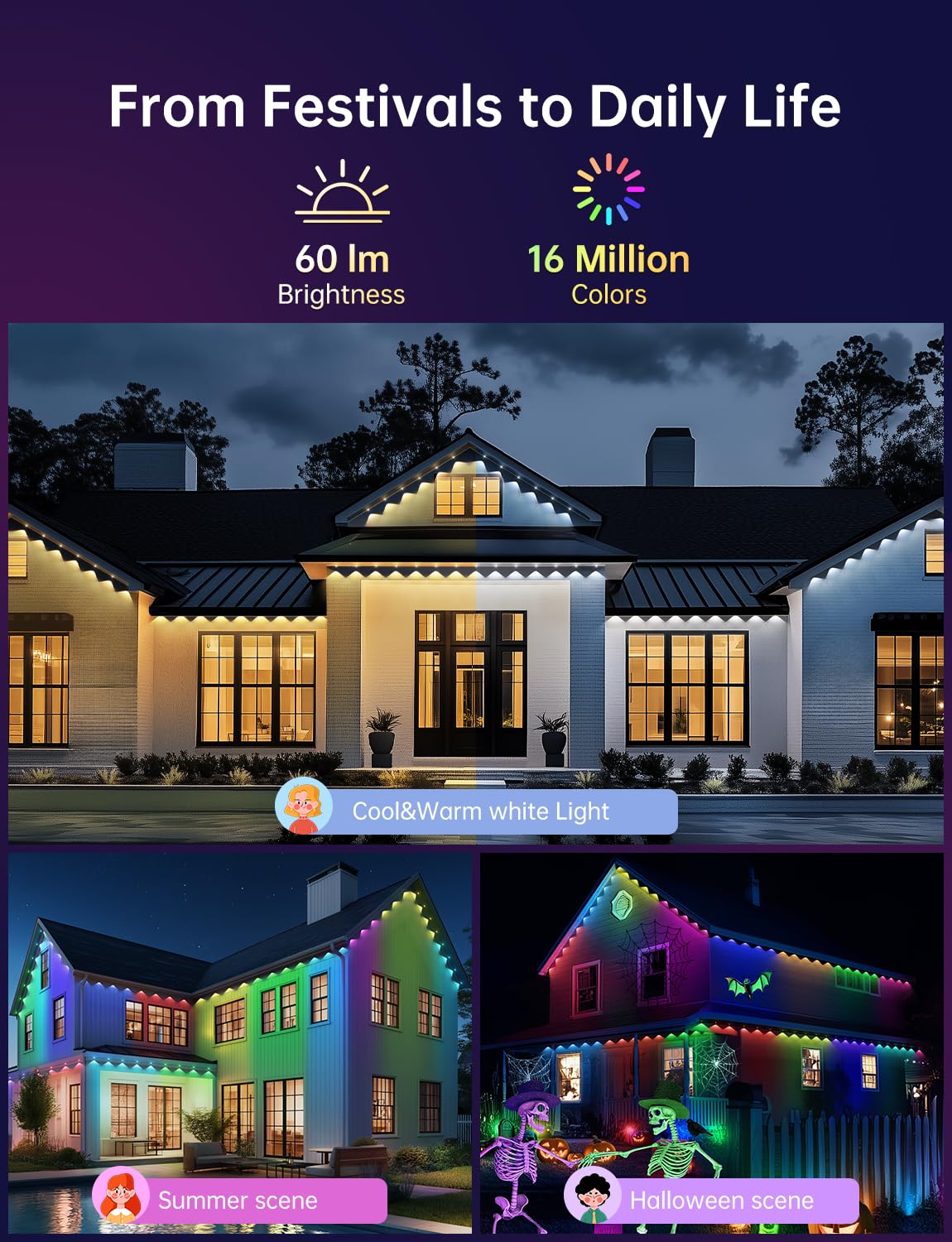 lemonlovely 200ft LED Outdoor Lights, IP67 Waterproof, Smart IC+RGBCW, Remote Control, White, Model 2323