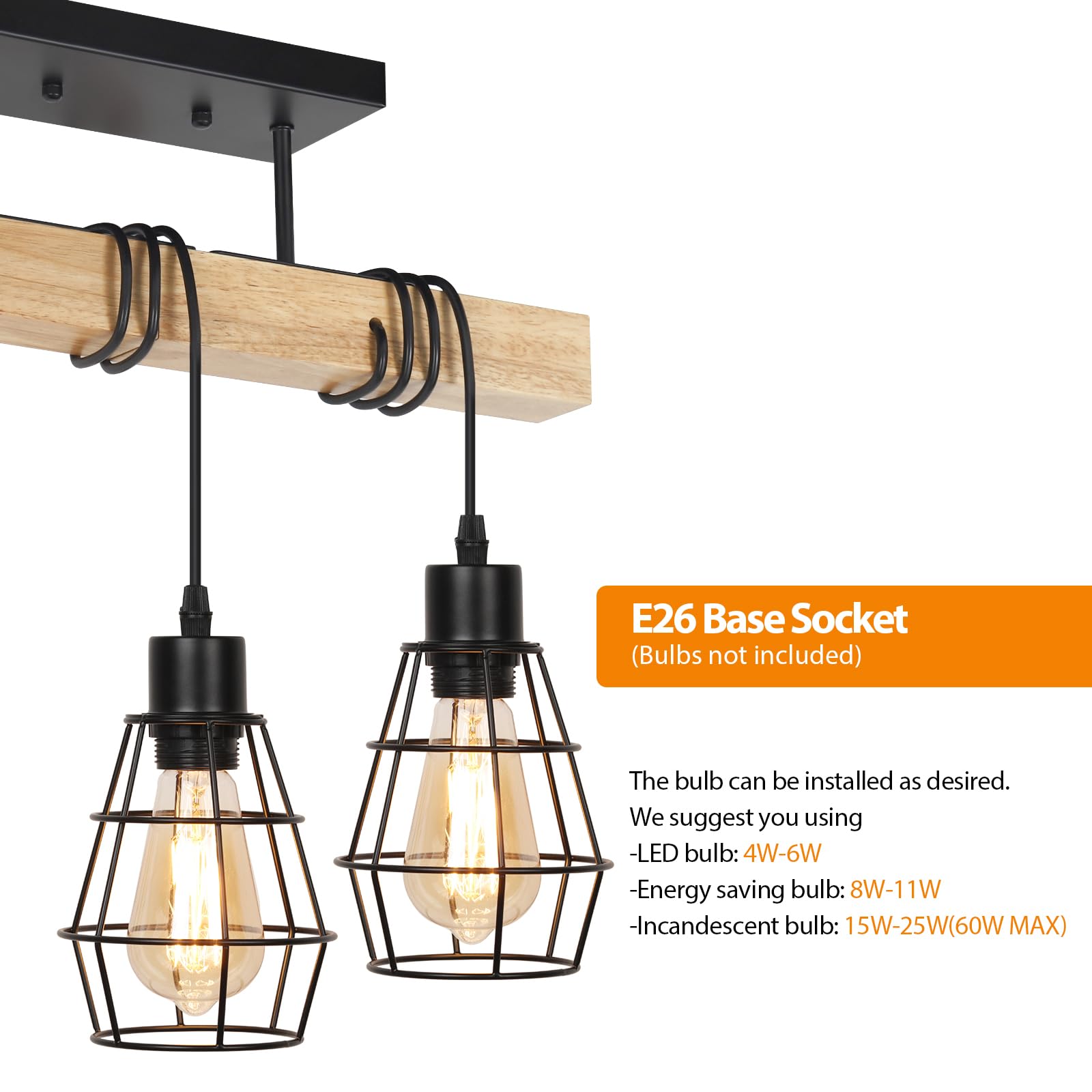 JS NOVA JUNS 3-Light Semi Flush Mount Ceiling Light, Metal Cage, Solid Wood, Black, Model JS118