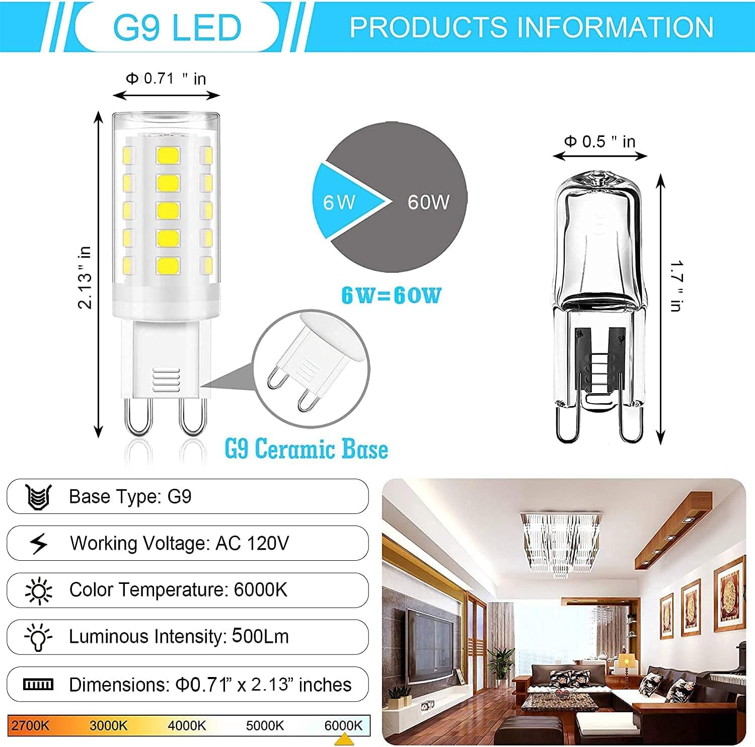 Ohlgt G9 Led Light Bulb Daylight Dimmable 6W,(60W Halogen Equivalent),6000K 120V No-Flicker G9 Bi Pin Base Led Bulbs For Chandel