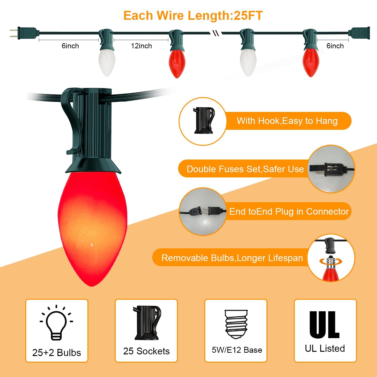 C7 Led Christmas Lights Outdoor, 25Ft Christmas Red White String Lights With 27 Ceramic Led Bulbs(2 Spare), Connectable Vintage