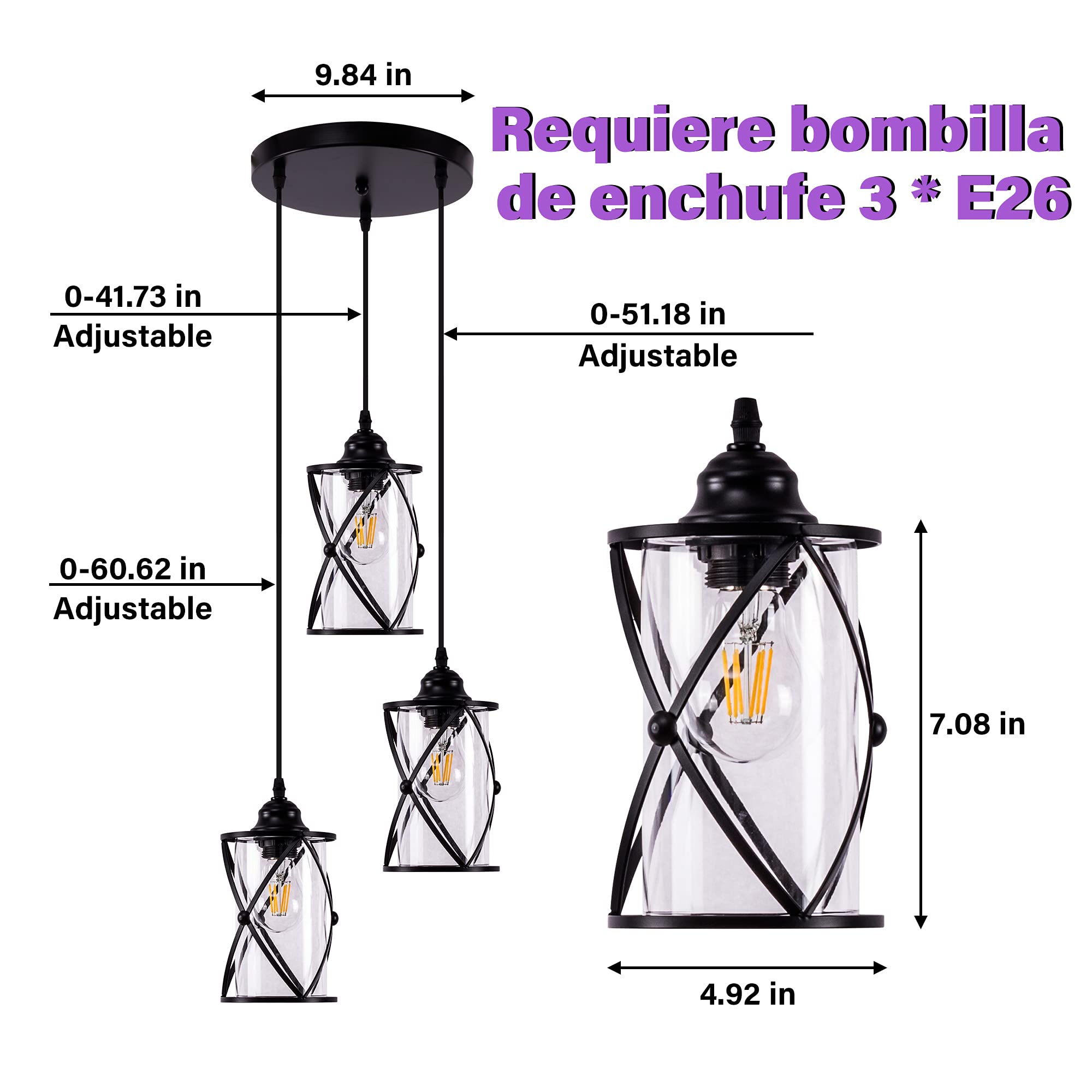Dumaiway 3-Light Metal Cage Pendant Light, Black Glass Shade For Kitchen, Dining, Farmhouse