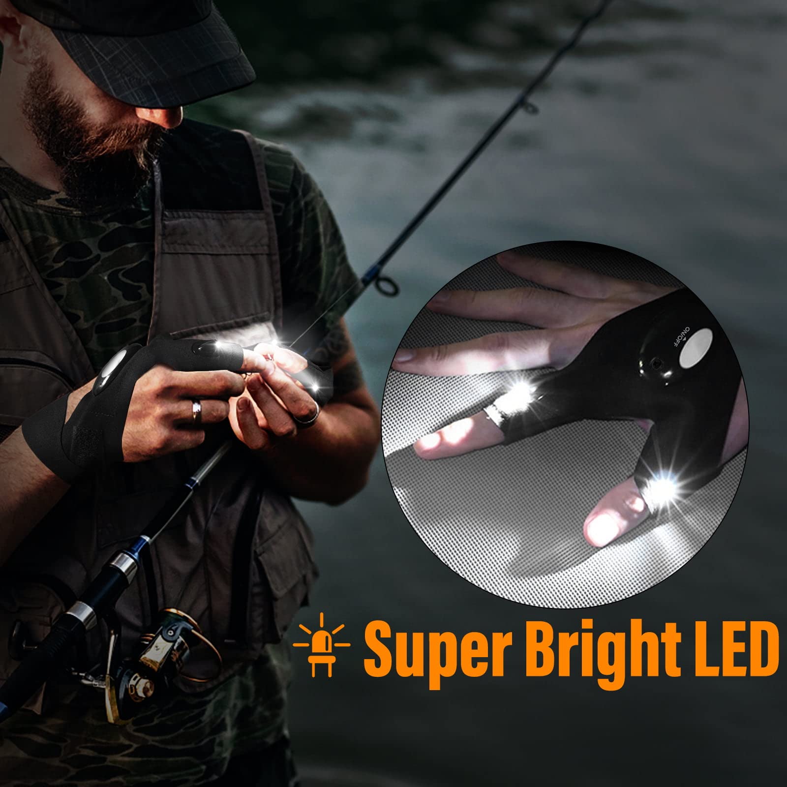 Apicey LED Flashlight Gloves for Men, Waterproof, One Size Fits All, Black, Model APGLLT05, Great for Fishing and Camping