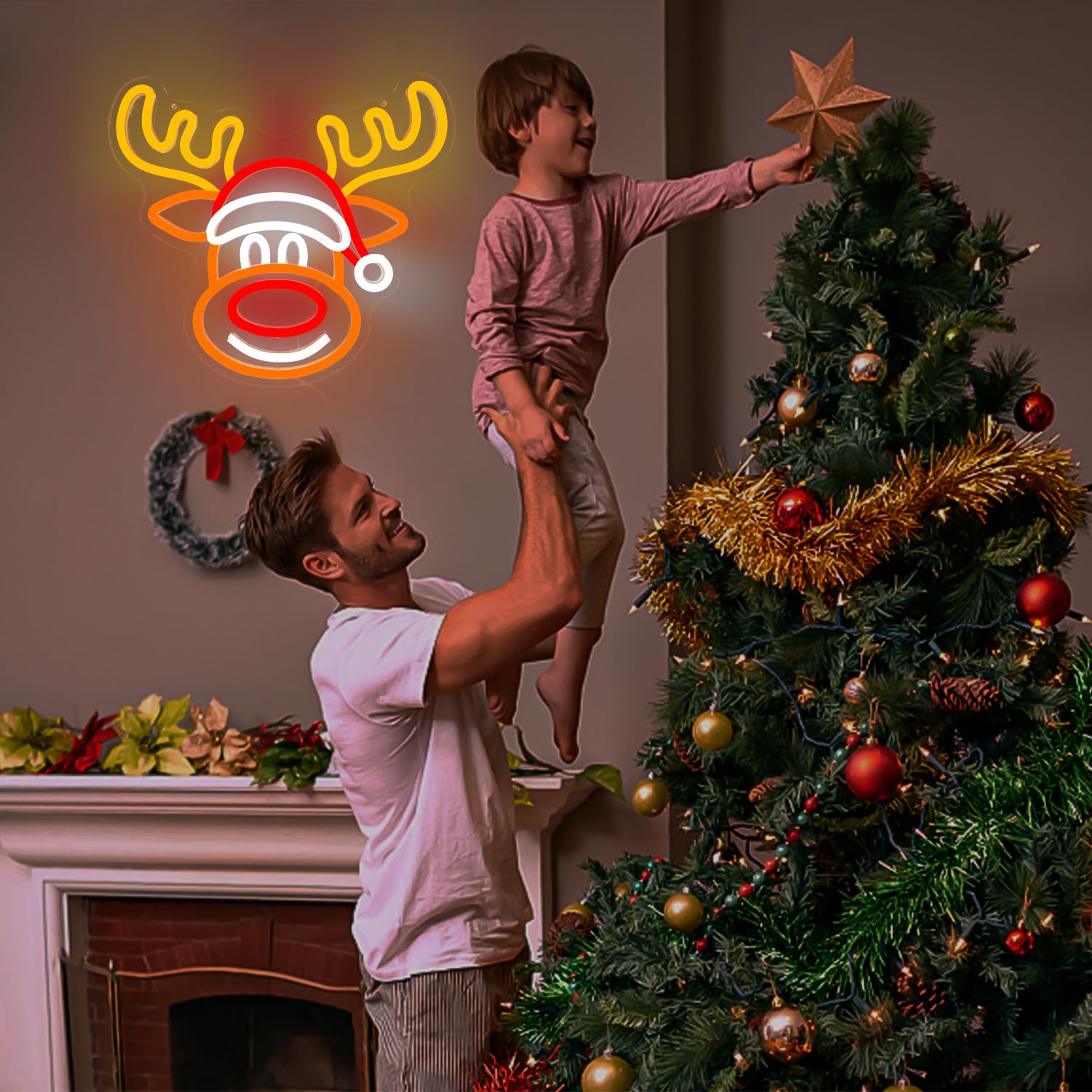 Vveikea Neon Sign Elk LED Wall Decor, Dimmable Reindeer Lights, 12.2 x 10.9 inches, Colorful Acrylic