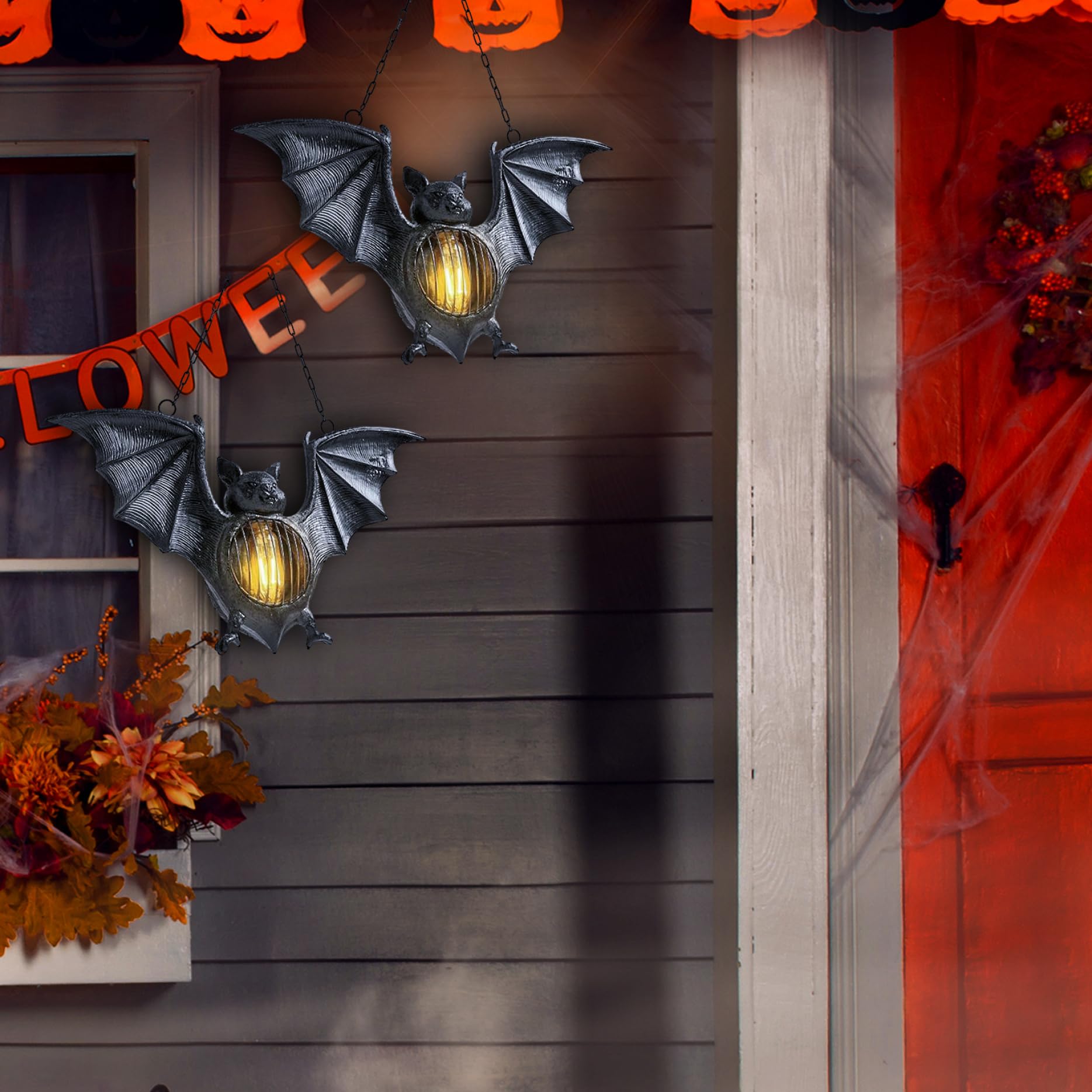 Bat Lights 3 Pcs Halloween Lantern Easy Hanging Creepy Bat Light Outdoor LED Bat Figurine Decor Light up Haunted House Wall Lamp