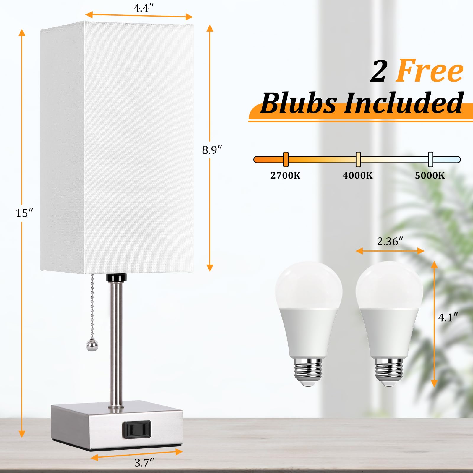 Dott Arts Touch Control Bedside Lamp, 3 Way Dimmable Nightstand Lamp With 2 Usb Ports & Ac Outlet, Modern Style, White Fabric Sh