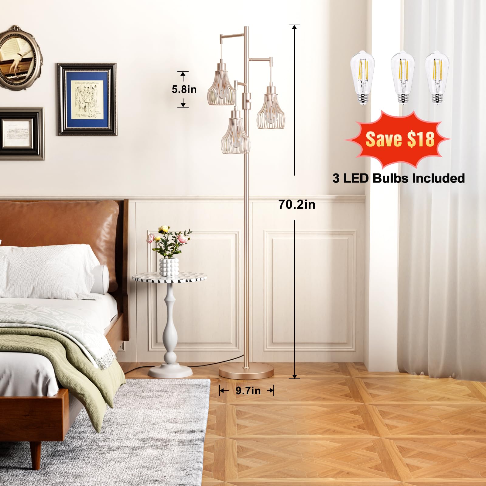 Ziisee Dimmable Floor Lamps For Living Room, Industrial Tree Standing Tall Lamps With 3 Elegant Cage Shade & 650 Lumens Led Bulb