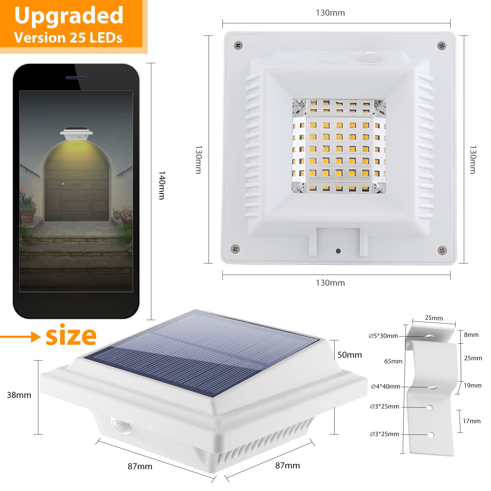 KEENZO Outdoor Solar Lights - 4pcs Gutter Lights, 25 Warm White LEDs, Waterproof, for Garden, Patio, Deck - White, Model 25GU-WCW