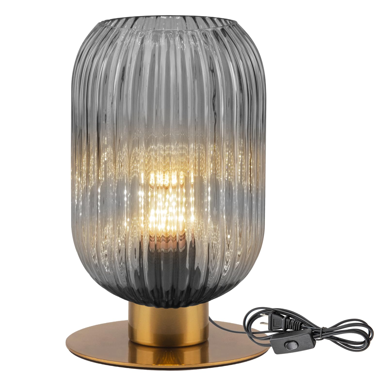 Soutas Small Lamp for Nightstand, Smoke Glass Table Lamp Grey Bedside Table Lamp with Gold Metal Base, Vintage Bedside Lamp Mid 