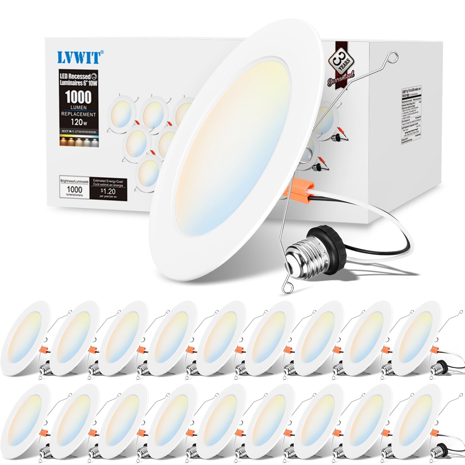 LVWIT LED Recessed Lighting 6 inch Dimmable Slim Can Lights 5CCT Color Selectable 18 Pack White Cover Model DLB01-D610T-1000 120