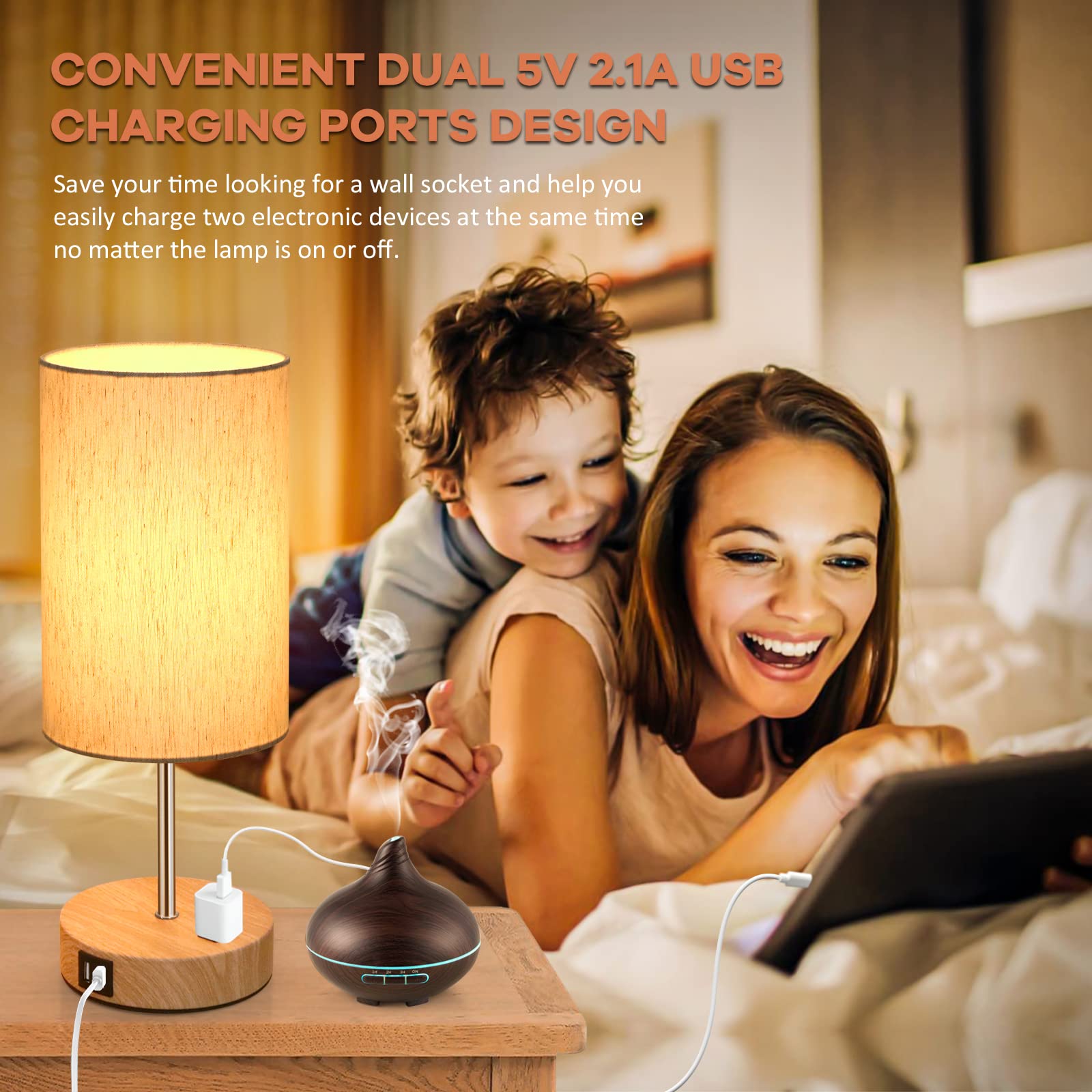 Table Lamps Set Of 2 Touch Control, 2 Usb Charging Ports&Ac Outlet, 3-Way Dimmable Bedside Nightstand Lamp With Flaxen Fabric Sh
