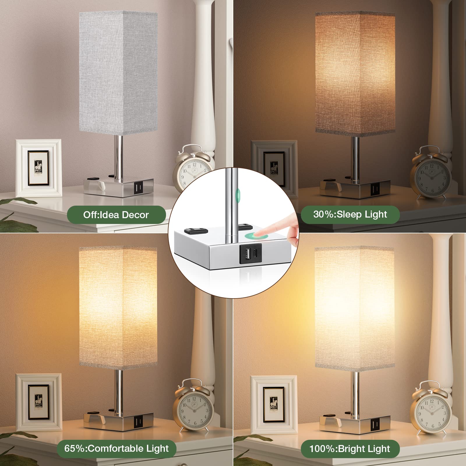 Aooshine Gray Set Of 2 Touch Lamp With Usb Port-Nightstand Lamp With Usb-C+A Charge Ports& Ac Outlets, 3-Way Dimmable Bedside La