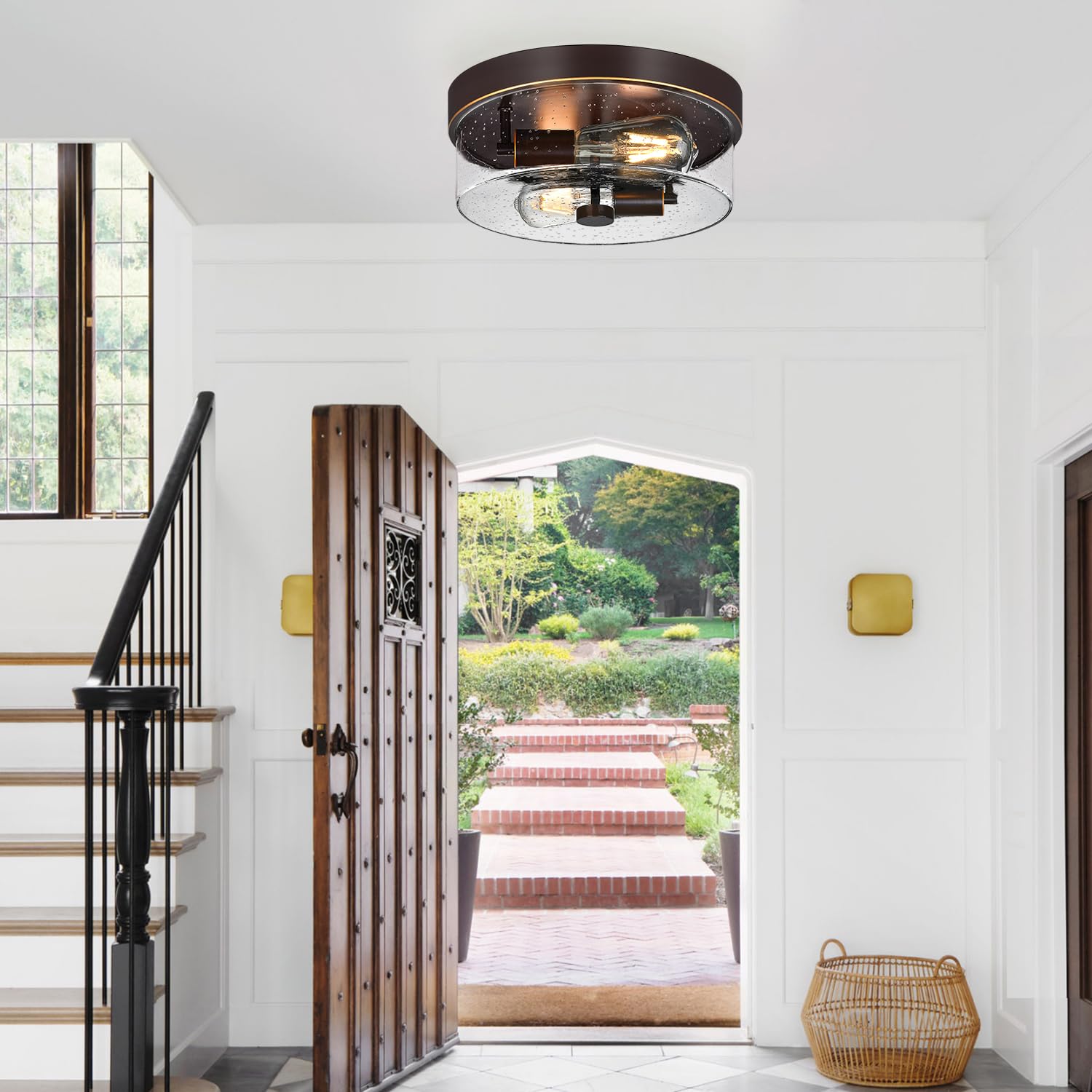 Flush Mount Ceiling Light Fixtures, 2-Light Oil Rubbed Bronze Ceiling Mount For Farmhouse With Seeded Glass Lampshade, Industria