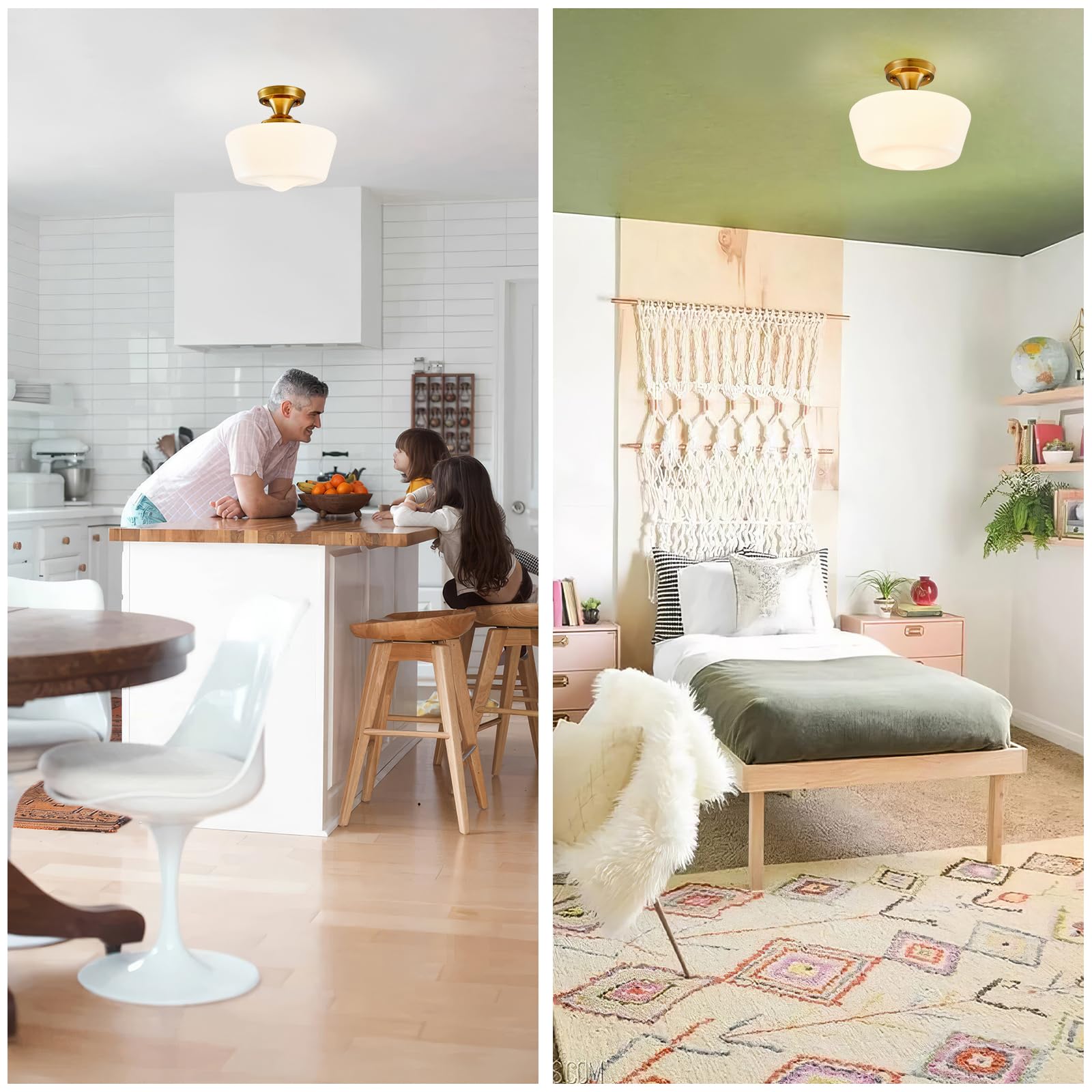 Youngrender Schoolhouse Light Fixture Modern Gold Ceiling Light,Semi Flush Mount Ceiling Light,12''Wide Opal Milk Glass Shade,Br