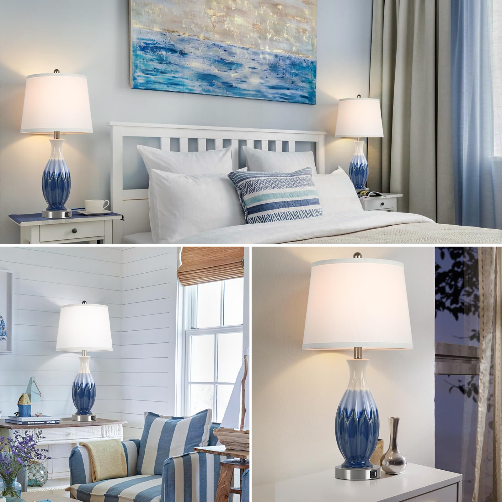 Bosceos 28” Tall Table Lamps Set of 2, Navy Blue Ceramic with USB Ports, Coastal Design for Living Room & Bedroom