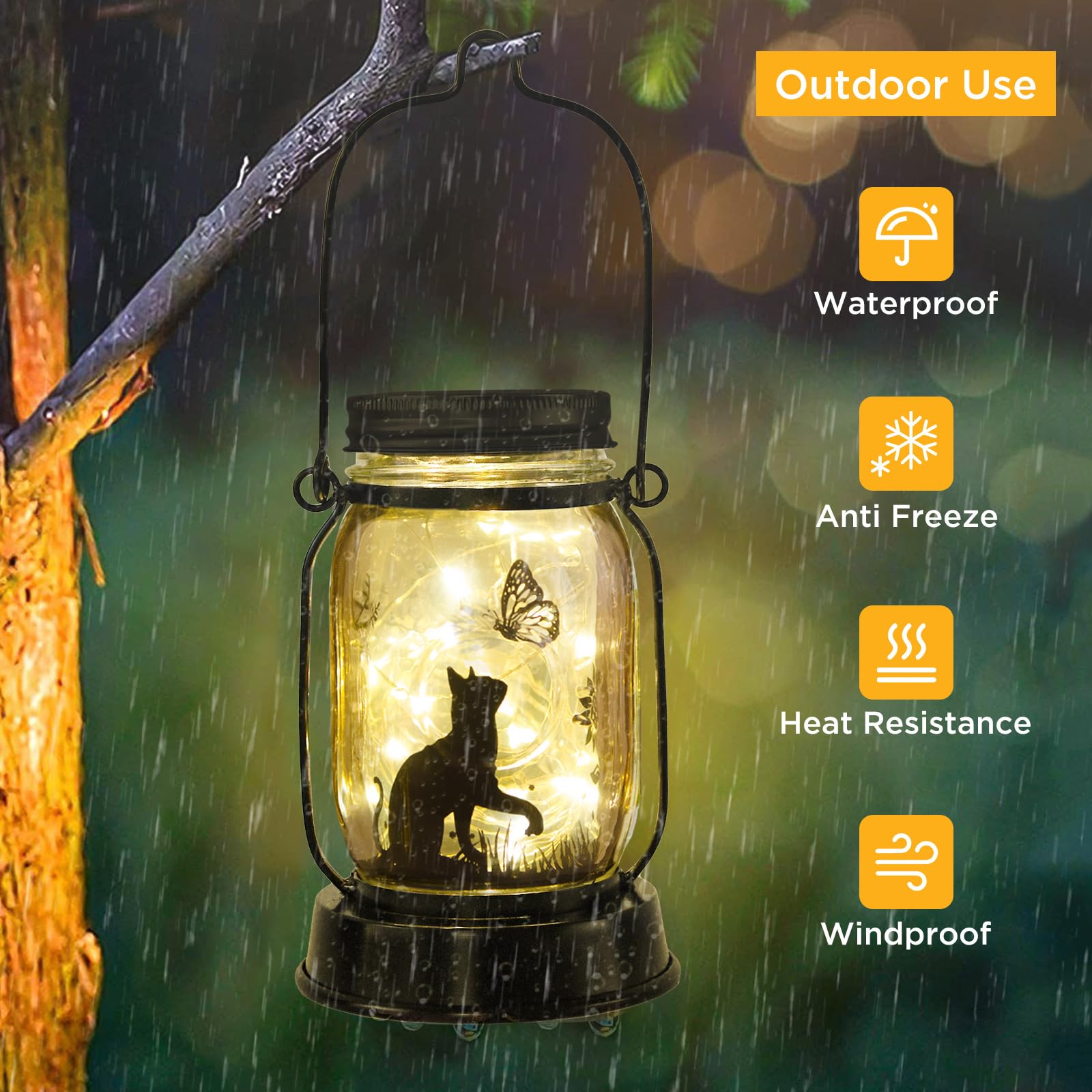 Kyoryuger Cat Butterfly Solar Light Lanterns - Waterproof Metal Hanging Decor for Garden, Halloween Skeleton Design