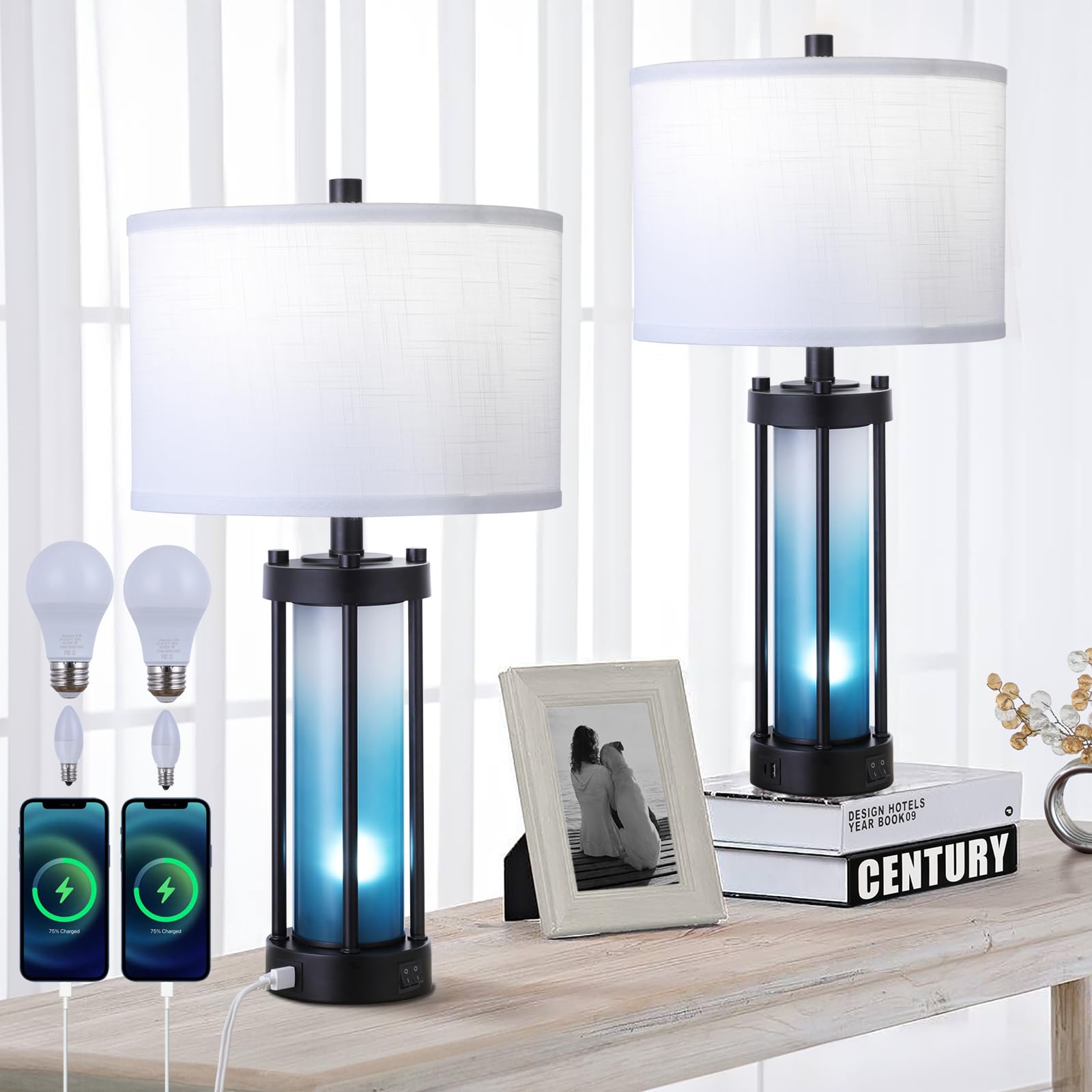 Modern Table Lamps Set Of 2, With Night Light Gradient Blue Glass Bedside Table Lamp With 2 Usb Ports Tricolor Temperature Desk Lamps For Bedroom Nightstand Living Room 4 Bulbs Included.