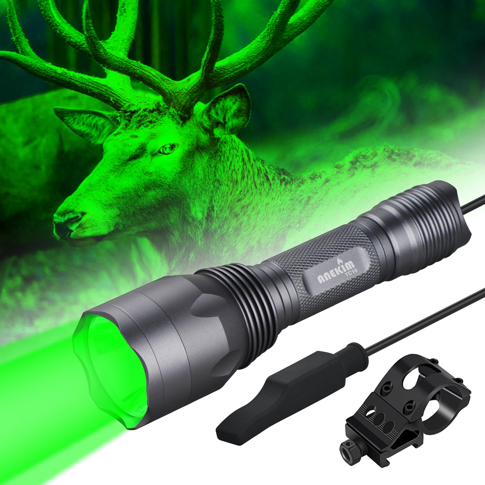 ANEKIM TC10 Hunting Light Kit,Green Lights 1312 Yards Hunting Flashlight High Power for Coyote,Predator, Varmint, Coon& Hog-Pred