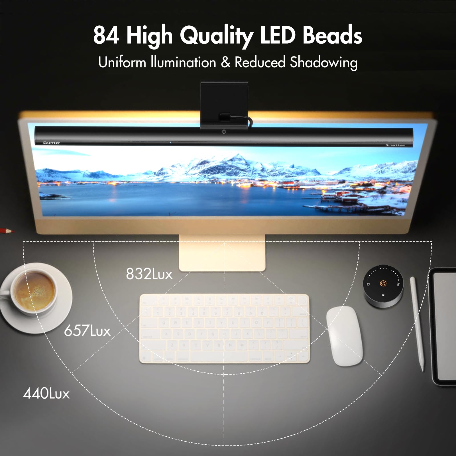 Quntis Gray Monitor Light Bar With Remote, Eye-Care, Auto-Dimming, No Glare For Curved Monitors