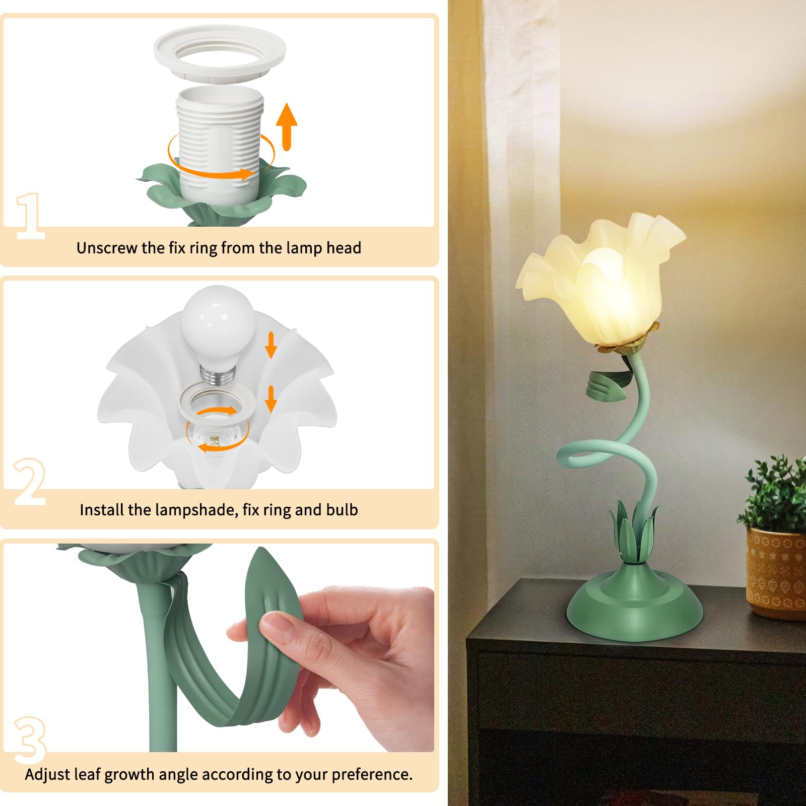 Fuzzbopn Cute Flower Desk Lamp, 3 Color Temperature Table Lamp With Led Bulb, Vintage Bedside Lamps, Reading Lamps With Soft Light For Bedroom, Living Room