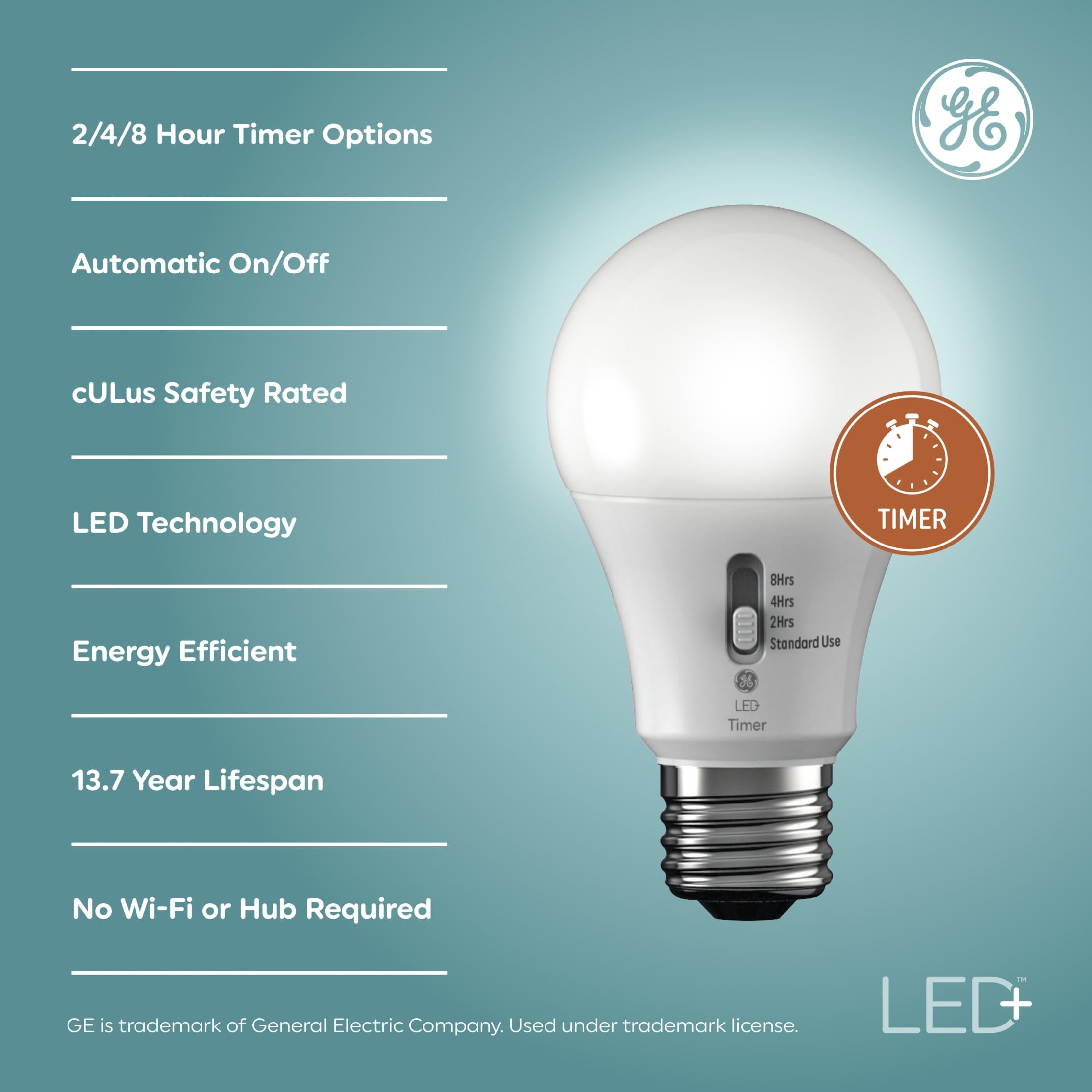 GE Lighting LED+ Timer Light Bulb, A19 Soft White, 1 Count, Built-In Timer, Plastic, Model 93127245