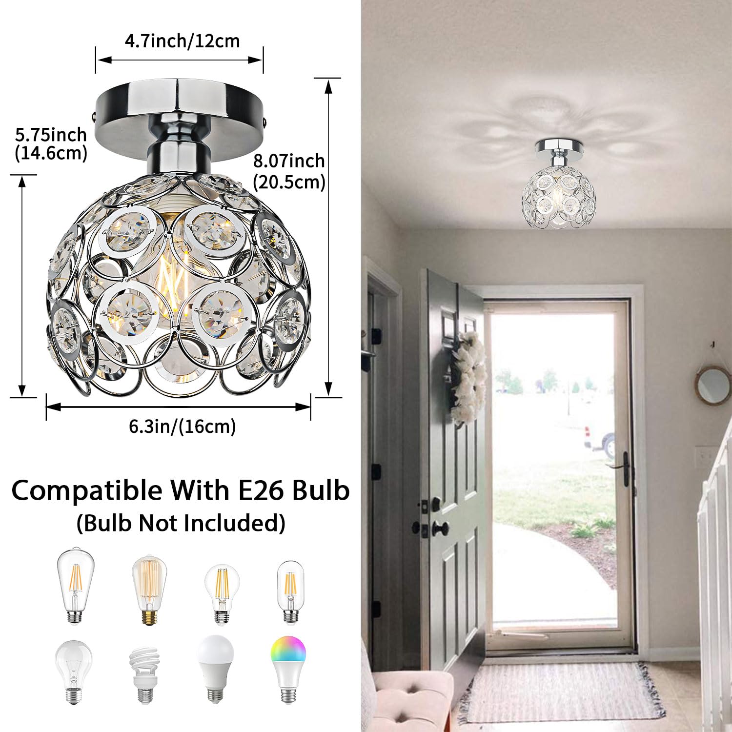 TISLYCO Semi Flush Mount Ceiling Light Fixture, Crystal Mini Chandelier, 7.7inx4.7in, Silver