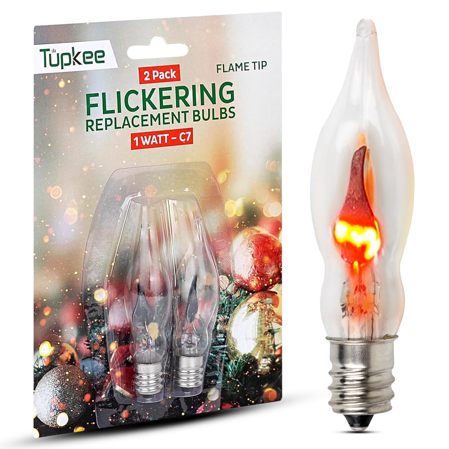 Tupkee C7 Flickering Flame Tip Bulb - 1W, Incandescent Light Bulb With Orange Glow That Flickers And Dances Up And Down - Replac