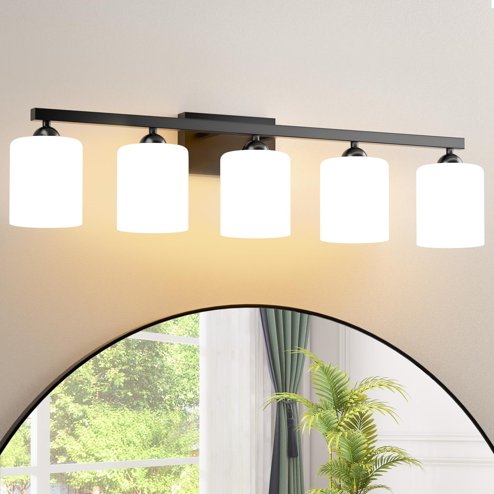 Quntis 5-Light LED Bathroom Vanity Light Fixtures, Adjustable Colors, Milky White Frosted Glass, Black, 35.8 inch, Model 79459bb7-b015
