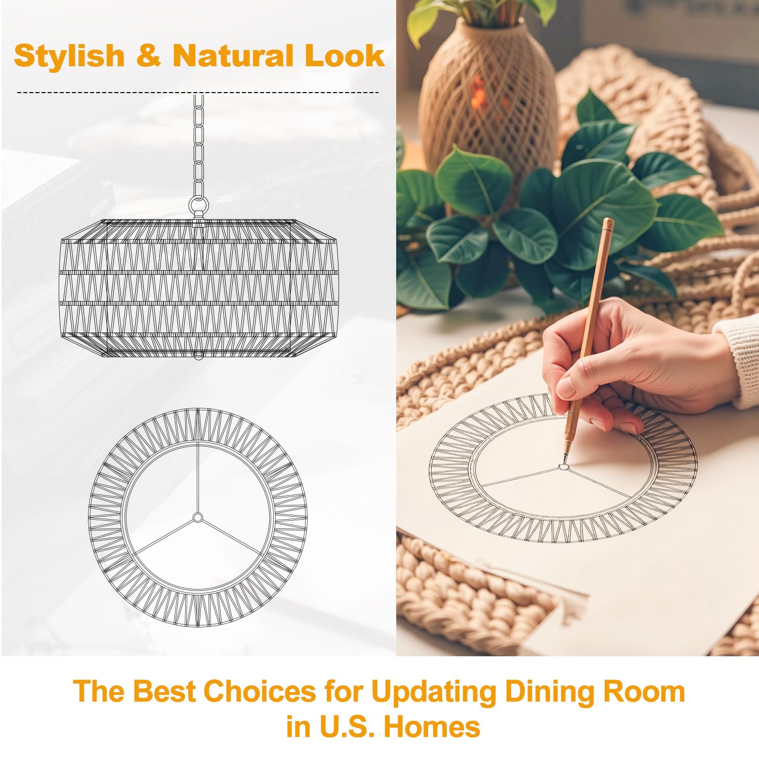 Lynnoland 19" Hand-Woven Rattan Chandelier Light Fixture, 5-Light Rustic Pendant, Gold, for Dining Room, Kitchen, Bedroom, Foyer