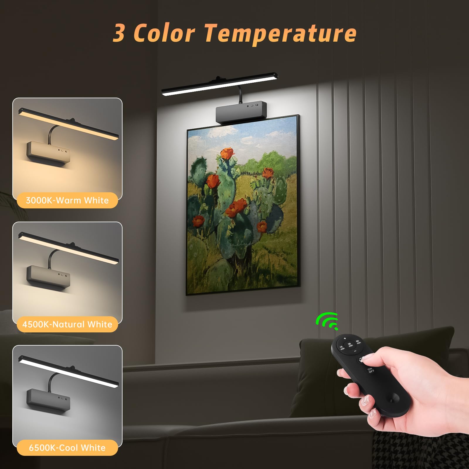 Lightbiz 15.35 Wireless Rechargeable Picture Light with Remote, Dimmable 3-Color Metal Art Light, Black for Paintings & Gallery Display