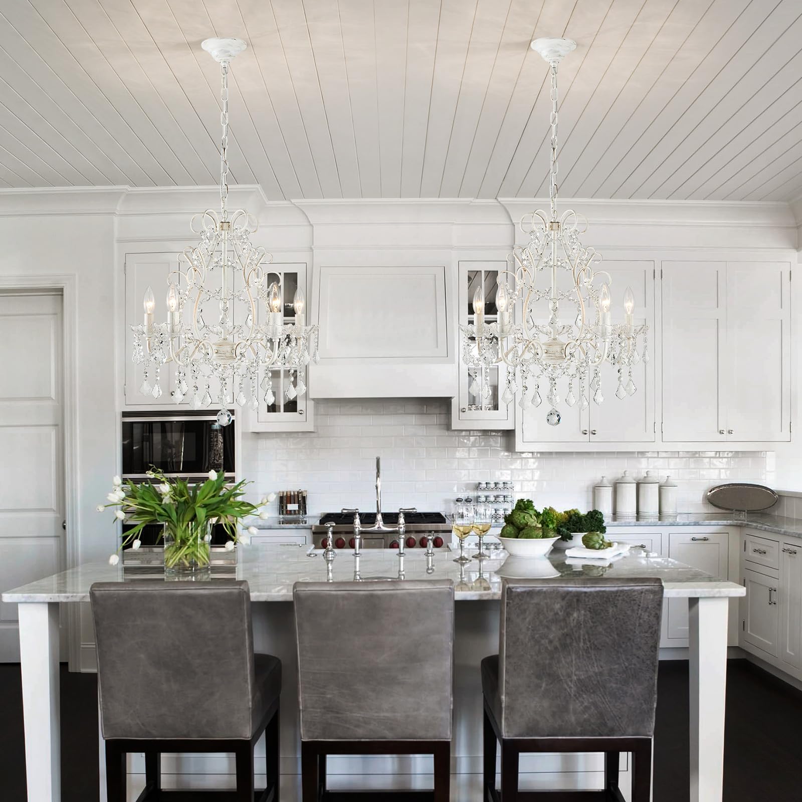 Wuzups 5-Light Crystal Candle Chandelier Pendant Ceiling Light Modern Lighting Fixture For Bedroom Hallway Bar Kitchen Bathroom  H 23.2 W 20.7  E12 Base  Rustic White