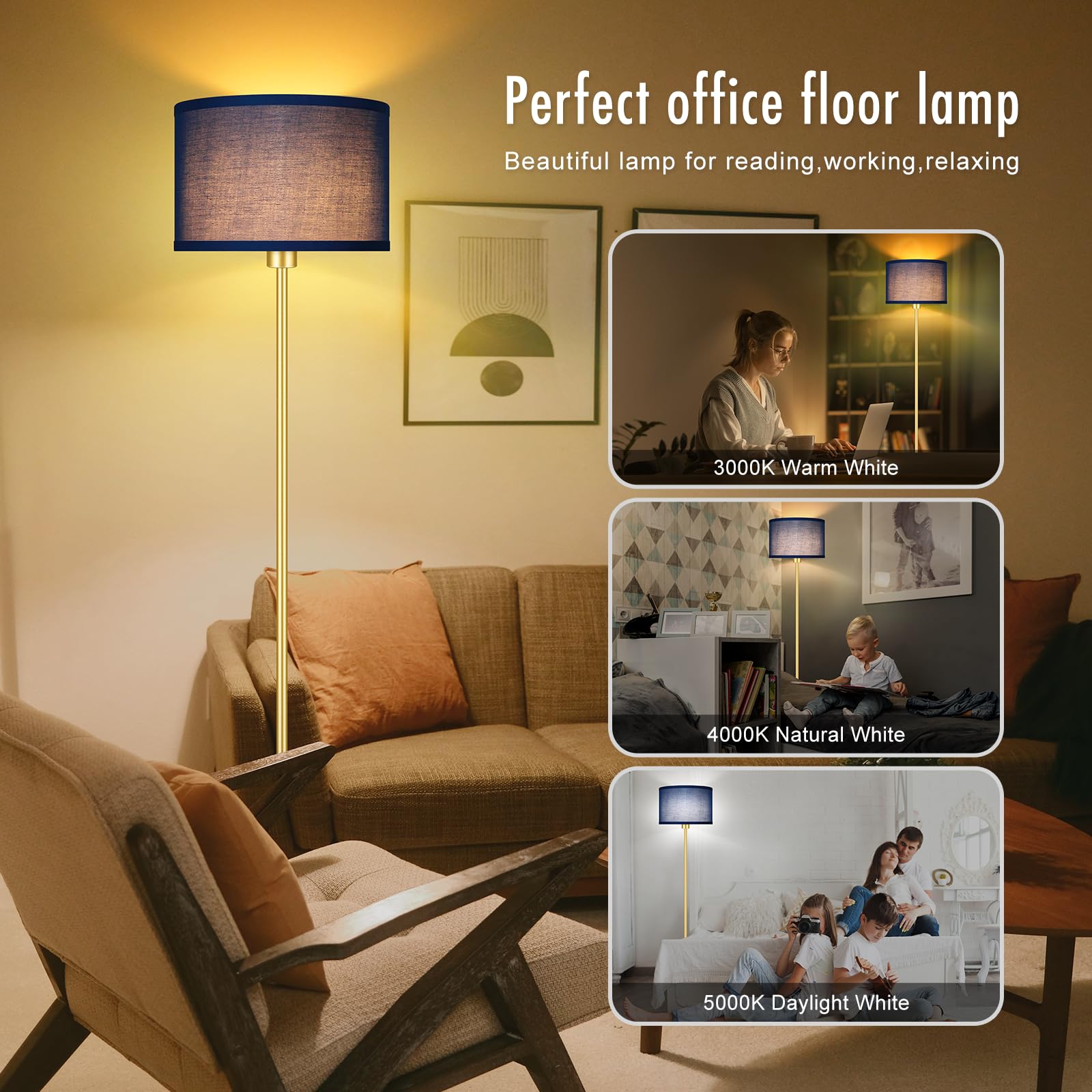 Blue Floor Lamps, Standing Lamp, Modern Stand Up Light With Lampshades, Foot Pedal, 59'' Tall, Bright Pole Lamps For Living Room