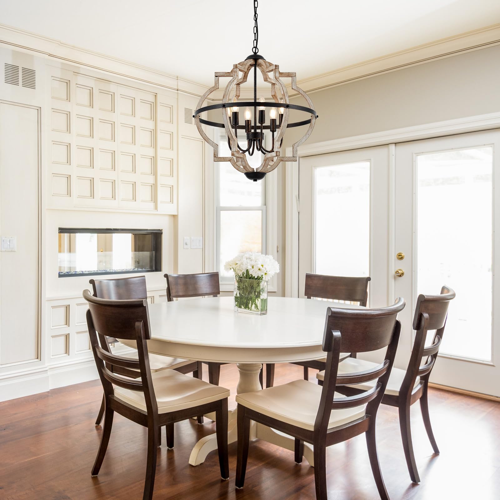 TACDANDM Farmhouse Chandelier, 23'' 6-Light Wood Pendant, Rustic Oak Distressed White, Metal, Model DG-021, Ideal for Dining Room & Entryway
