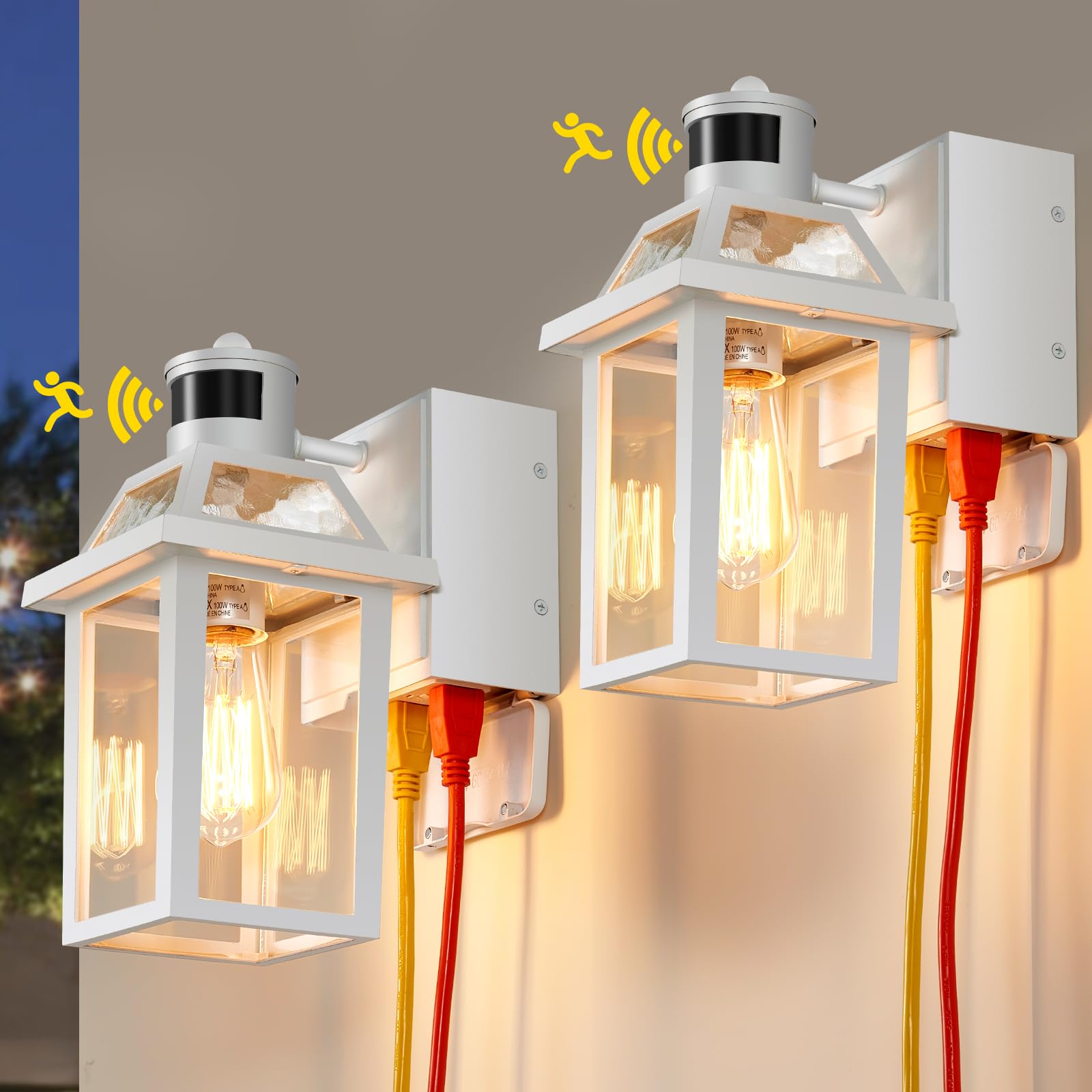 Yisuro Porch Lights with GFCI Outlet, Dusk to Dawn Motion Sensor, 3 Lighting Modes, 2 Pack White, Model T-HWBD2003